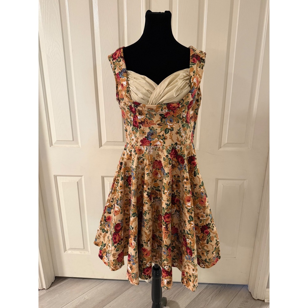 Lindy Bop Tan Floral Sweetheart Swing Dress Retro Rockabilly Pockets Fits Like L